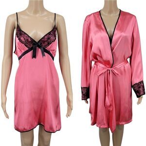 New Directions Pink Satin Robe and Chemsie Nightgown with Black Lace Trim